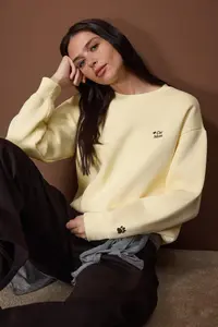 TRENDYOLMİLLA Light Yellow Regular/Normal Pattern Embroidery Detailed Thick Knitting Sweatshirt with Fleece Inside