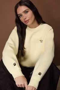 TRENDYOLMİLLA Light Yellow Regular/Normal Pattern Embroidery Detailed Thick Knitting Sweatshirt with Fleece Inside - Image 2