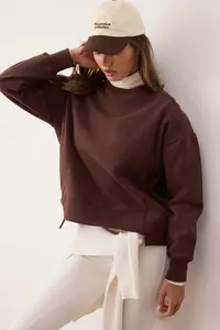 TRENDYOLMİLLA Dark Brown Oversized Pattern Sewing Detailed Knitting Sweatshirt with Fleece Inside - Image 2