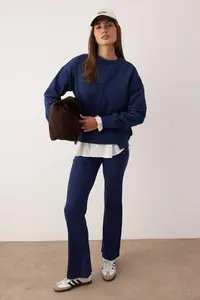 TRENDYOLMİLLA Navy Blue Oversized/Wide Pattern Sewing Detail Thick Fleece Inside Knitting Sweatshirt - Image 2