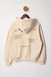 TRENDYOLMİLLA Stone Thick Fleece Inside Hooded Slogan Printed Boxy Fit Knitting Sweatshirt - Image 8