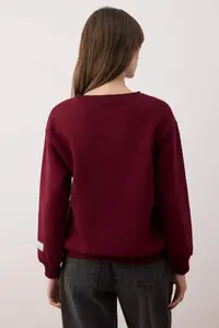 TRENDYOLMİLLA Burgundy Slogan Printed Crew Neck relaxed Knitting Sweatshirt - Image 5