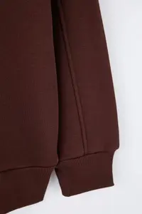 TRENDYOLMİLLA Brown Oversized/Wide Pattern Velvet Slogan Zippered Inside Fleece Knitting Sweatshirt - Image 6