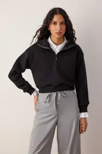 TRENDYOLMİLLA Black Thick Fleece Inside Dog collar Half Patch Zipper Crop Knitting Sweatshirt - Image 2