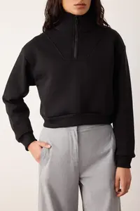 TRENDYOLMİLLA Black Thick Fleece Inside Dog collar Half Patch Zipper Crop Knitting Sweatshirt - Image 3