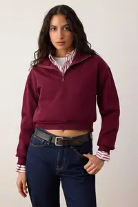 TRENDYOLMİLLA Burgundy Thick Fleece Inside Dog collar Half Patch Zipper Crop Knitting Sweatshirt