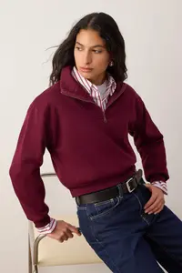 TRENDYOLMİLLA Burgundy Thick Fleece Inside Dog collar Half Patch Zipper Crop Knitting Sweatshirt - Image 2