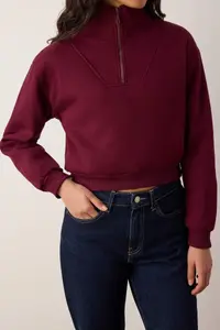 TRENDYOLMİLLA Burgundy Thick Fleece Inside Dog collar Half Patch Zipper Crop Knitting Sweatshirt - Image 3