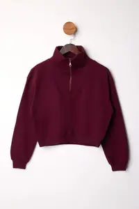 TRENDYOLMİLLA Burgundy Thick Fleece Inside Dog collar Half Patch Zipper Crop Knitting Sweatshirt - Image 5