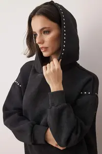 TRENDYOLMİLLA Anthracite Oversized T-shirt and Washable Thick Fleece Inside Knitting Sweatshirt - Image 2