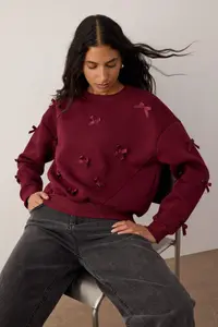 TRENDYOLMİLLA Burgundy Ribbon Detailed Thick Fleece Lined Knitting Sweatshirt