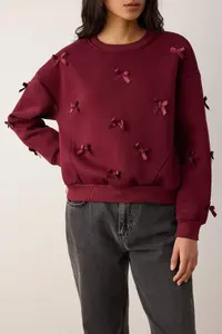 TRENDYOLMİLLA Burgundy Ribbon Detailed Thick Fleece Lined Knitting Sweatshirt - Image 3