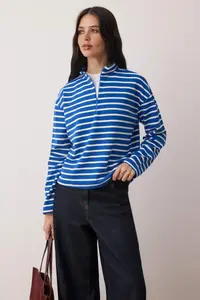 TRENDYOLMİLLA Mavi Striped Hidden Zippered Oversized/Wide Pattern Thin Knitting Sweatshirt