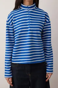TRENDYOLMİLLA Mavi Striped Hidden Zippered Oversized/Wide Pattern Thin Knitting Sweatshirt - Image 3