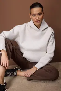 TRENDYOLMİLLA Beige Melange Oversized/Wide Pattern Thick Flexible Knitting Sweatshirt