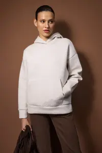 TRENDYOLMİLLA Beige Melange Oversized/Wide Pattern Thick Flexible Knitting Sweatshirt - Image 2