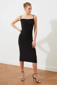 TRENDYOLMİLLA Black Fitted Off-Shoulder Neck Midi Sleeveless Flexible Knitting Midi Pen Dress