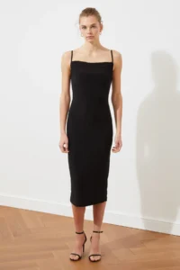 TRENDYOLMİLLA Black Fitted Off-Shoulder Neck Midi Sleeveless Flexible Knitting Midi Pen Dress - Image 3