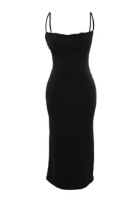 TRENDYOLMİLLA Black Fitted Off-Shoulder Neck Midi Sleeveless Flexible Knitting Midi Pen Dress - Image 9