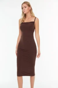 TRENDYOLMİLLA Brown Body-Fitting Off-Shoulder Neck Midi Flexible Knitting Pen Dress - Image 3