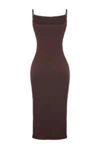 TRENDYOLMİLLA Brown Body-Fitting Off-Shoulder Neck Midi Flexible Knitting Pen Dress - Image 8
