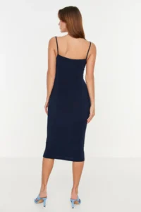 TRENDYOLMİLLA Navy Blue Fitted Off-Shoulder Neck Midi Sleeveless Flexible Knitting Midi Pen Dress - Image 5