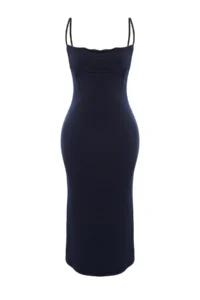 TRENDYOLMİLLA Navy Blue Fitted Off-Shoulder Neck Midi Sleeveless Flexible Knitting Midi Pen Dress - Image 6