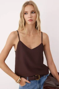 TRENDYOLMİLLA Dark Brown Basic Sleeveless Weaving Blouse - Image 2