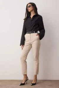 TRENDYOLMİLLA Light Beige Basic Cigarette skinny Leg Weaving Dress Pants - Image 2