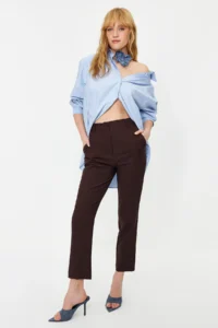 TRENDYOLMİLLA Dark Brown Basic Cigarette Weaving Dress Pants