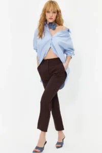 TRENDYOLMİLLA Dark Brown Basic Cigarette Weaving Dress Pants - Image 2