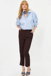 TRENDYOLMİLLA Dark Brown Basic Cigarette Weaving Dress Pants - Image 3