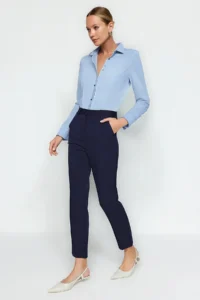 TRENDYOLMİLLA Navy Blue Basic Cigarette skinny Leg Weaving Dress Pants - Image 3