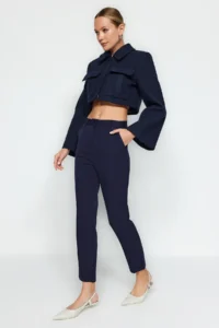 TRENDYOLMİLLA Navy Blue Basic Cigarette skinny Leg Weaving Dress Pants - Image 4