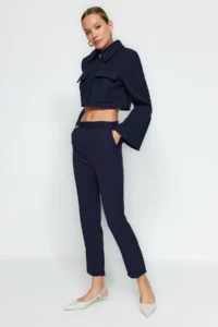 TRENDYOLMİLLA Navy Blue Basic Cigarette skinny Leg Weaving Dress Pants - Image 7