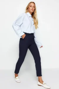 TRENDYOLMİLLA Navy Blue Basic Cigarette skinny Leg Weaving Dress Pants - Image 9