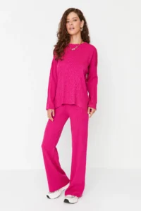 TRENDYOLMİLLA Fuchsia Wide Pattern Basic Fitted Knitwear Top and Bottom Set - Image 2