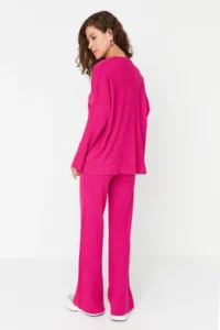 TRENDYOLMİLLA Fuchsia Wide Pattern Basic Fitted Knitwear Top and Bottom Set - Image 5