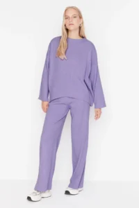 TRENDYOLMİLLA Lilac Wide Pattern Basic Fitted Knitwear Top and Bottom Set - Image 2