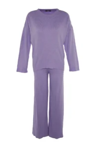 TRENDYOLMİLLA Lilac Wide Pattern Basic Fitted Knitwear Top and Bottom Set - Image 8