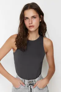 TRENDYOLMİLLA Anthracite Barbell Collar Fitted Flexible Bottom snaps Knitting Bodysuit .D.0044