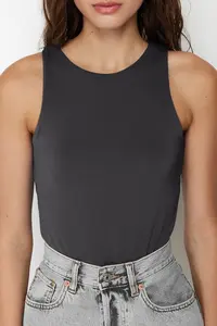 TRENDYOLMİLLA Anthracite Barbell Collar Fitted Flexible Bottom snaps Knitting Bodysuit .D.0044 - Image 4