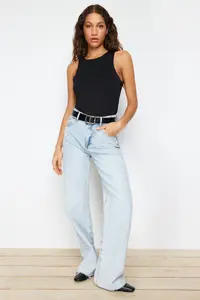 TRENDYOLMİLLA Black Barbell Collar Fitted Flexible Bottom snaps Knitting Bodysuit .D.0044
