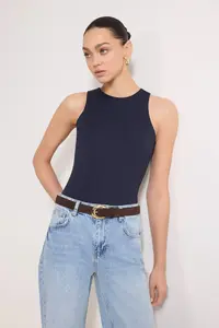 TRENDYOLMİLLA Navy Blue Barbell Collar Fitted Flexible Bottom snaps Knitting Bodysuit .D.0044