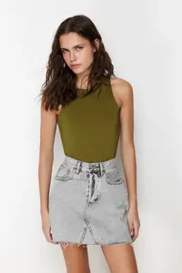TRENDYOLMİLLA Oil Green Barbell Collar Fitted Flexible Bottom snaps Knitting Bodysuit .D.0044 - Image 3