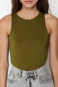 TRENDYOLMİLLA Oil Green Barbell Collar Fitted Flexible Bottom snaps Knitting Bodysuit .D.0044 - Image 4