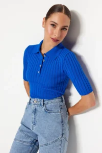 TRENDYOLMİLLA Mavi Basic Polo Shirt Collar T-Shirt Look Thin Blouse - Image 2
