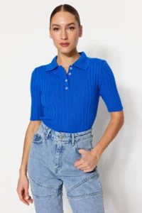 TRENDYOLMİLLA Mavi Basic Polo Shirt Collar T-Shirt Look Thin Blouse - Image 3