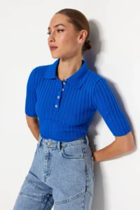 TRENDYOLMİLLA Mavi Basic Polo Shirt Collar T-Shirt Look Thin Blouse - Image 4