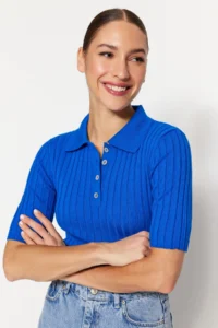 TRENDYOLMİLLA Mavi Basic Polo Shirt Collar T-Shirt Look Thin Blouse - Image 5